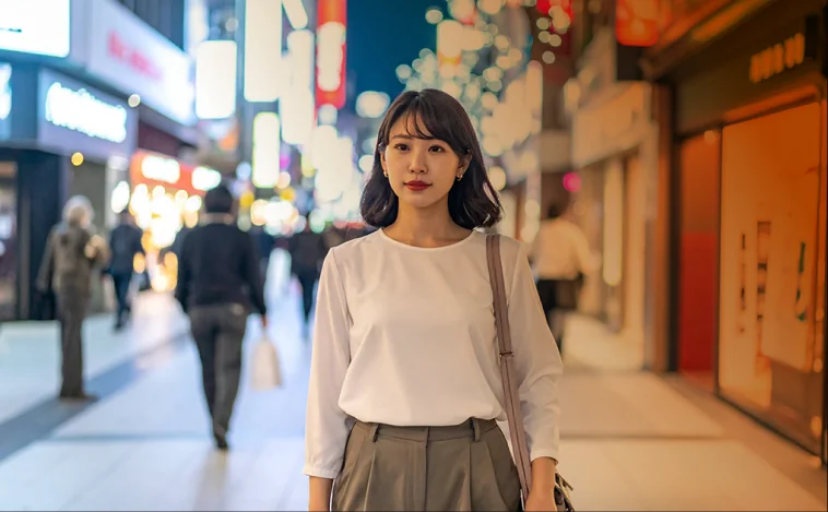 夜の繁華街を歩く学生